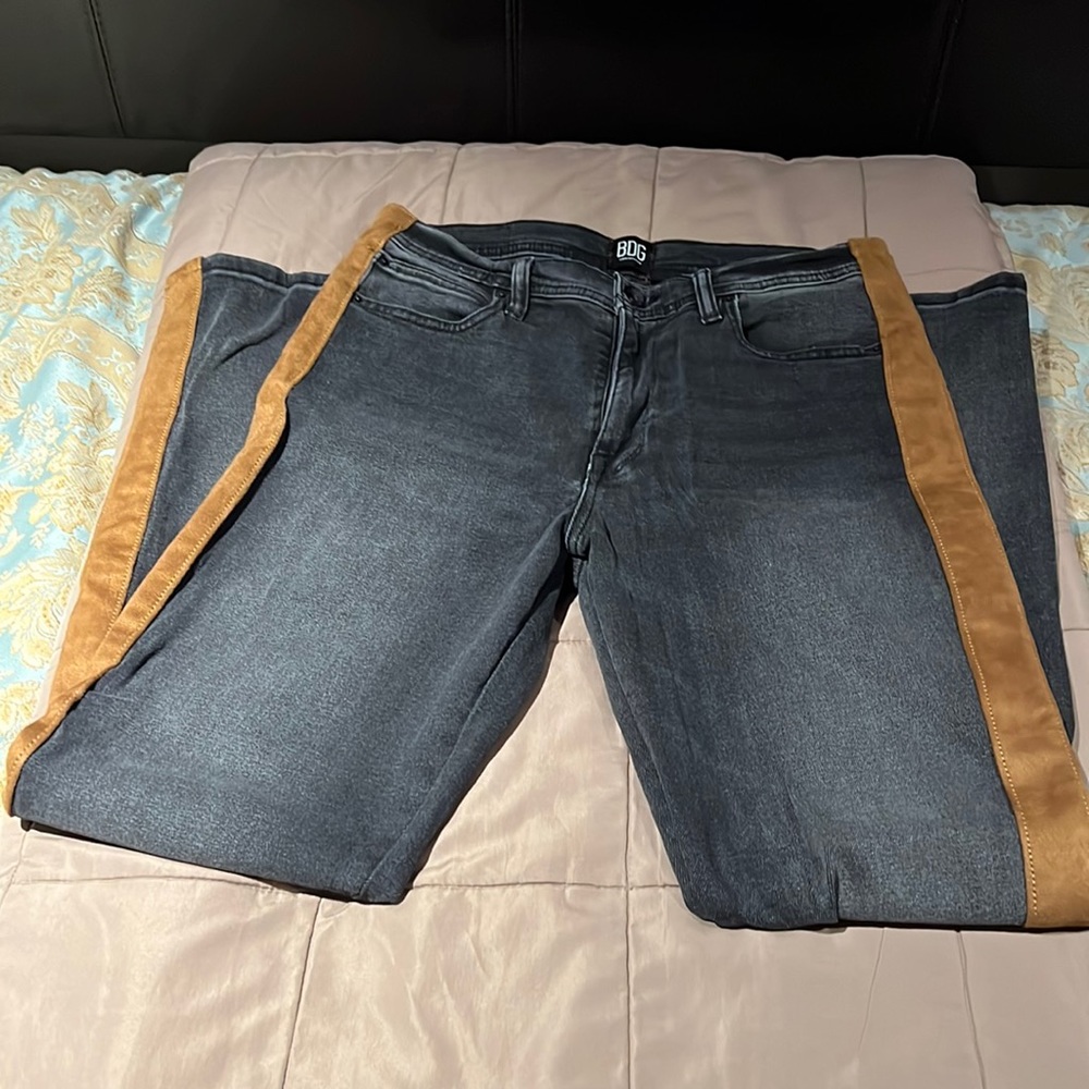 Mens black jeans with brown suade side stripe